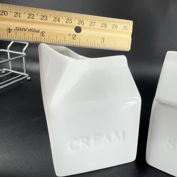 Denmark Sugar And Creamer Set 2 Vitrified Porcelain White Ceramic W Metal Rack - Picture 4 of 11